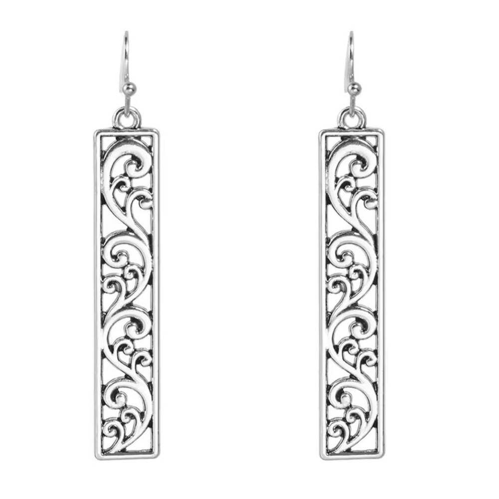 NEW The Chloe dangle Earrings Celtic Silver color Filigree Rectangle - Boutique
